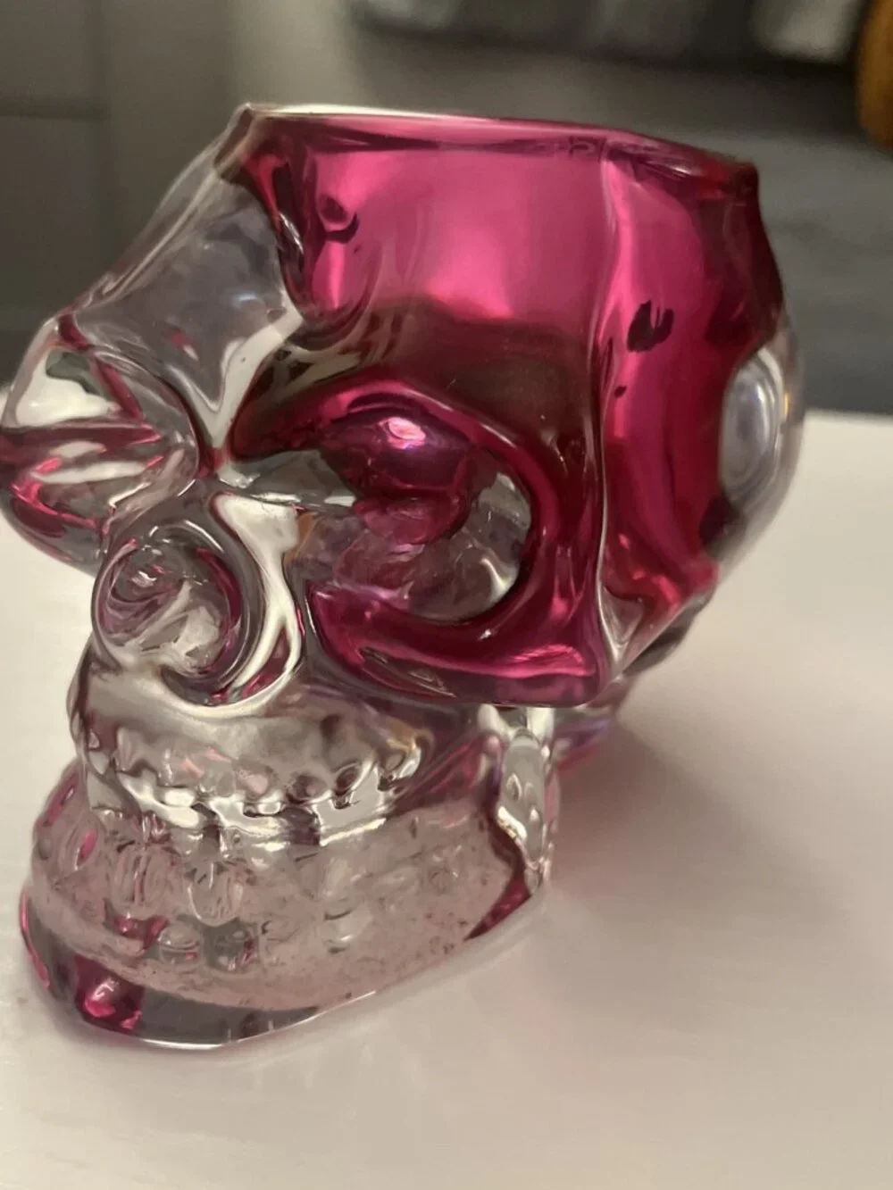 Pink & Clear Art Glass Skull Tealight Candle Holder Halloween 4” Tall